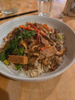Mushroom Rice Bowl (vegan). Tempeh and mushroom sautee with rice and veggies! at Green Elephant Vegetarian Bistro in Portland