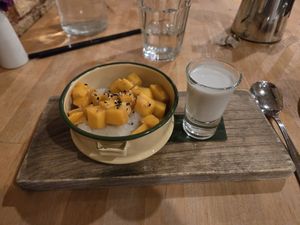 Mango with sticky rice for dessert! at Green Elephant Vegetarian Bistro in Portland