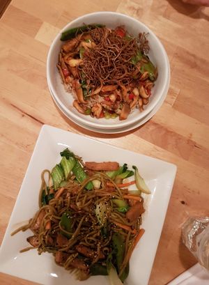 Spinach noodles & mushroom bowl at Green Elephant Vegetarian Bistro in Portland