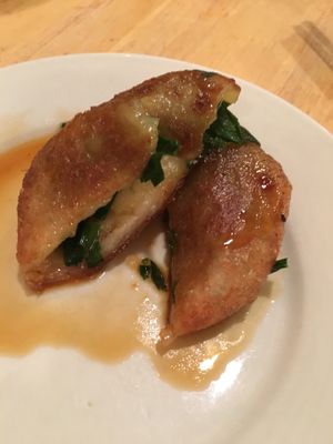 Chive dumpling cut in half at Green Elephant Vegetarian Bistro in Portland