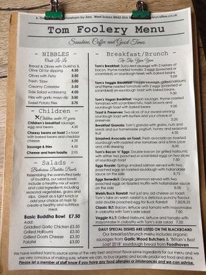 Menu at Tom Foolery Coffee Company in Shoreham-by-sea