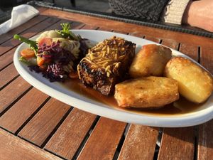 vegan meatloaf special with potatoes and veggies  at The Woodman in North London