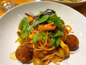 Tomato pasta with tofu balls at DACO in Kaohsiung