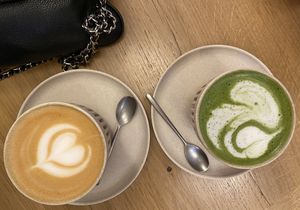 Cafe with Soy milk, Matcha Latte with Oat milk  at Religion Coffee in Madrid