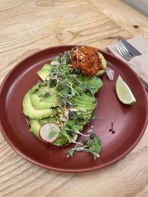 Tosta con aguacate, sobrasada vegana y rebanitos (modificada de la carta)  at Religion Coffee in Madrid