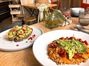 Sour porridge and avo toast! at Religion Coffee in Madrid