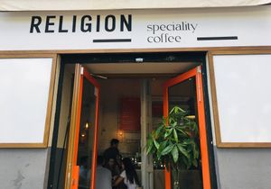 From outside at Religion Coffee in Madrid