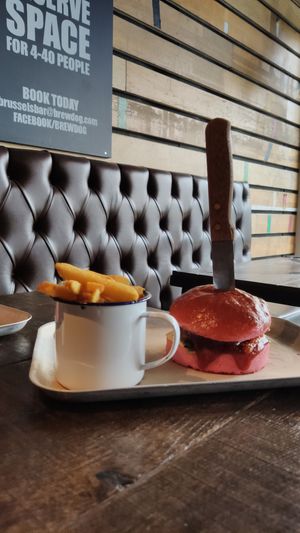 Hail Seitan burger with regular fries at BrewDog in Brussels