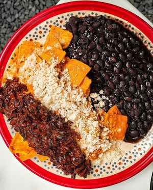 Chilaquiles Veganos con cochinita de flor de jamaica, queso de almendras y crema de avena at Fridas Chilaquiles in Monterrey