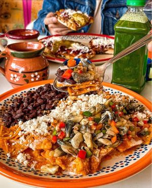 Chilaquiles Veganos con huitlacoche, queso de almendras y crema de avena at Fridas Chilaquiles in Monterrey
