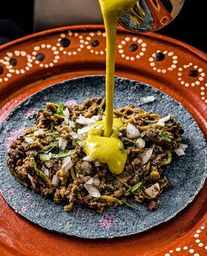 Barbacoa de vegetales en tortillas de maíz azul at Fridas Chilaquiles in Monterrey