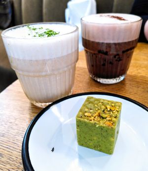 Pistachio Latte + Chocolate Chaga + Matcha Pop Cube at Wild & The Moon - Amelot in Paris