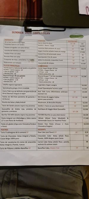 Menu at Sabores de Sandra in Mallorca