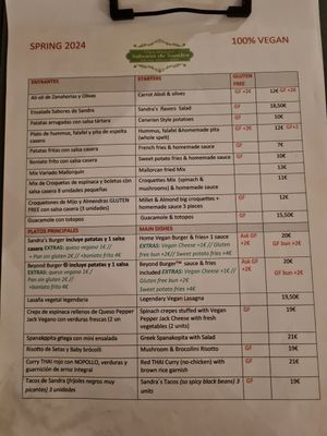 Menu at Sabores de Sandra in Mallorca