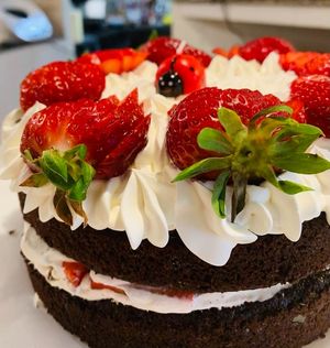 Whipped Cream and Strawberries Cake with local bio xeixa flour and panela sugar at Sabores de Sandra in Mallorca