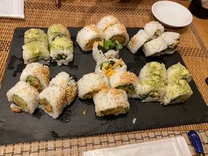 Two orders of the Vege Green Tea, Natto, and Spicy Vege Rolls at Sushi Roll Double Quotation IKI in Osaka