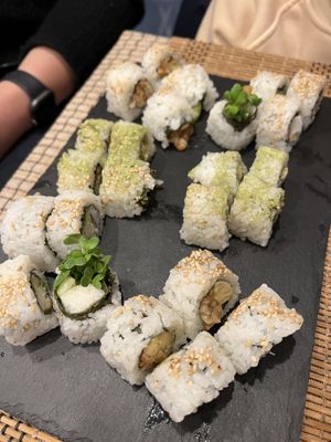 2 sets of chef recommendation. Top right: yam rolls, middle: green tea rolls, bottom: crispy natto. #Veganuary at Sushi Roll Double Quotation IKI in Osaka