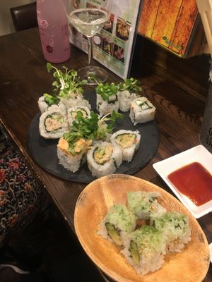 3 roll combo and avocado and green tea rolls at Sushi Roll Double Quotation IKI in Osaka
