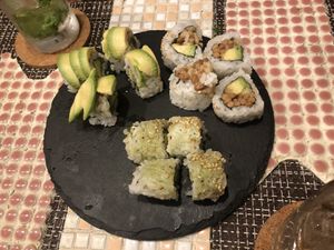 Avocado, Natto, and Green Tea Sushi 😍 at Sushi Roll Double Quotation IKI in Osaka