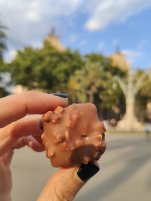 My favourite! Hazelnut cream, caramel, crunchy white chocolate base & milk choc coating. So rich &nutty. Even the chocolates are artisanal &refined sugar free. Incredibly Delicious at Hanai Vegana in Barcelona