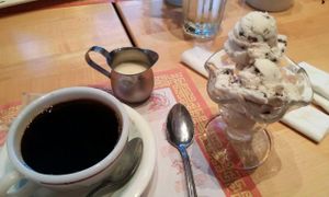 Dessert! Vanilla Almond Bark ice cream and Grain coffee with soymilk sweetener. Yum! at Sunflower Vegetarian Restaurant in Falls Church