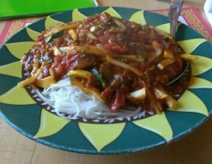 Sun-dried Tomato Bolognese with Rice Noodles at Sunflower Vegetarian Restaurant in Falls Church