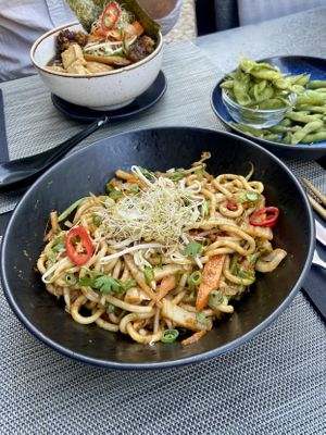 Kimchi Ramen (vegan option)  and in the background vegan mushroom soup   at Gorilla in Lagos