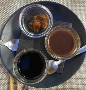 Complimentary peanut snack and gyoza dipping sauces  at Gorilla in Lagos