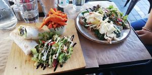 Vegetarian mushroom "gyros" (left) made vegan upon request. at Crumb in Crete