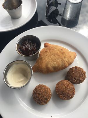Falafel. Samosa with tahini and tamarind sauce - vegan  at The Shanty Cafe in Yarmouth