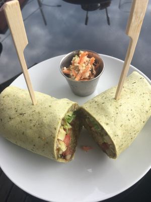 Veggie wrap made vegan by removing cheese and adding tamarind Sauce  at The Shanty Cafe in Yarmouth