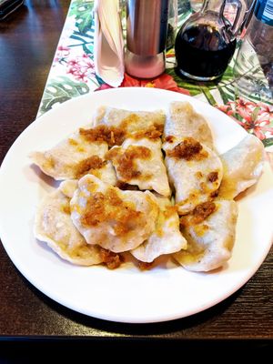 Plate of vegan pierogi at Pierogowy Raj in Krakow