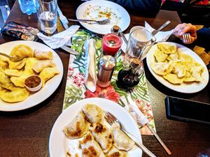 Table of pierogi at Pierogowy Raj in Krakow