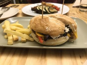 Burger with shredded jackfruit  at TxuKrut Bar in Bilbao