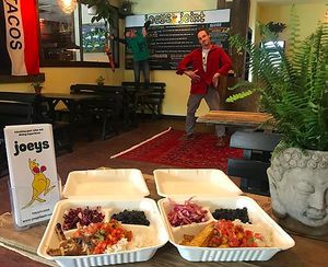Namaste bowl with coconut curry baked tofu, carrot cabbage slaw, pico de gallo, and seasoned rice and beans. at Joey's Joint in Eastham