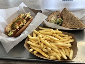 BL TeezMee and hotdog with delicious slaw at Dina's Vegan Deli & Desserts in West Palm Beach