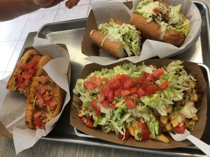 Taco fries, Philly cheesesteak, gyro hogi at Dina's Vegan Deli & Desserts in West Palm Beach