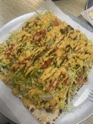 Taco flat bread. YUMMMM  at Dina's Vegan Deli & Desserts in West Palm Beach