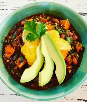 Sweet potato Chili with avocado and cashew queso  at Cook To Be Well in Knoxville