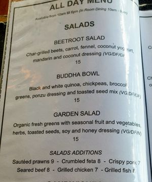 Salad options, note that vegan options are marked at Nautilus Resort in Rarotonga