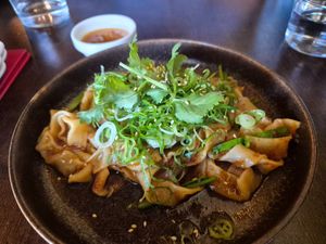 Onion bao noodles $19.00: delish onion sauce, great noodles, pretty small serve, chilli oil on side was nice and not tooo spicy at Belly Bao in Newtown