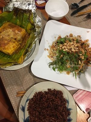 Stuffed Tofu with tumeric, garlic, mushroom. Fresh Pho Noodles and Brown Rice at Minh Hien 3 in Hoi An