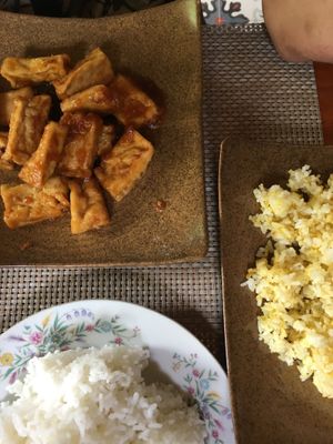 Tamarin tofu which a non-vegan family member found delicious though this is also a vegan meal aside from the garlic egg fried rice also in the photo.   at Minh Hien 3 in Hoi An