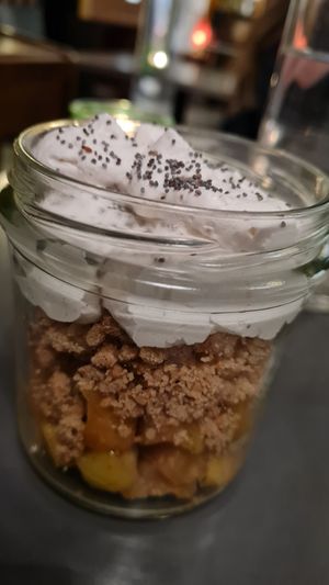 Apple crumble and soja chantilly at Cafe du Grütli in Geneva