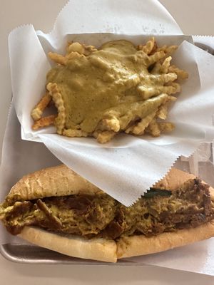 Seitan cheesesteak and cheese fries   at Trilly Cheesesteaks in New Orleans
