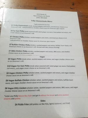 Basic menu. Sometimes there are extra sides and deserts. at Trilly Cheesesteaks in New Orleans