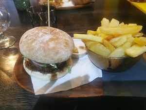 Hazelnut Burger with chips at Bohemian Burgers in Bruges