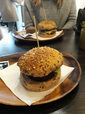 In front: vegan quinoa burger at Bohemian Burgers in Bruges