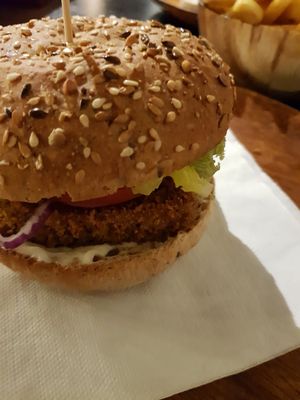 Hazelnut Burger and some fries at Bohemian Burgers in Bruges