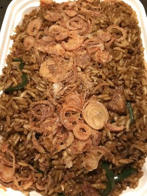 Vegan shrimp fried rice no eggs add jalapeños and shallots  at DD MAU in Maryland Heights